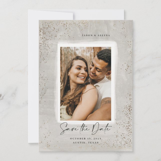 Painted Grey and Gold Sparkle Save the Date Card (Front)