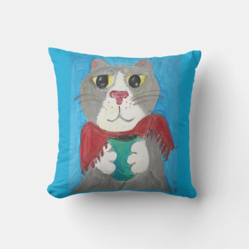Painted Grey Cat with Coffee Folk Art Fun Throw Pillow