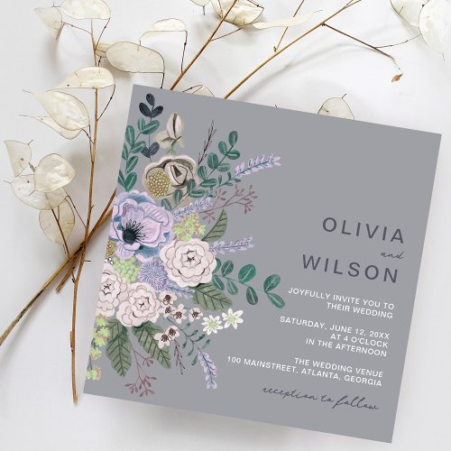 Painted Grey  Lavender Boho floral Wedding Invitation