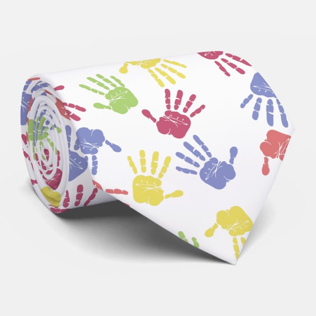 Painted Hand Print White Neck Tie (Rolled)