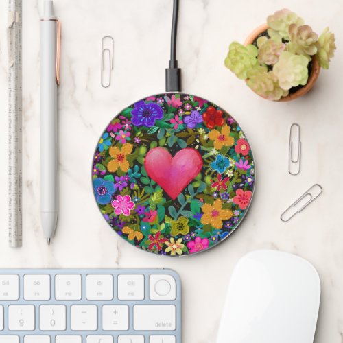 Painted Heart and Flowers Boho Beautiful Wireless Charger
