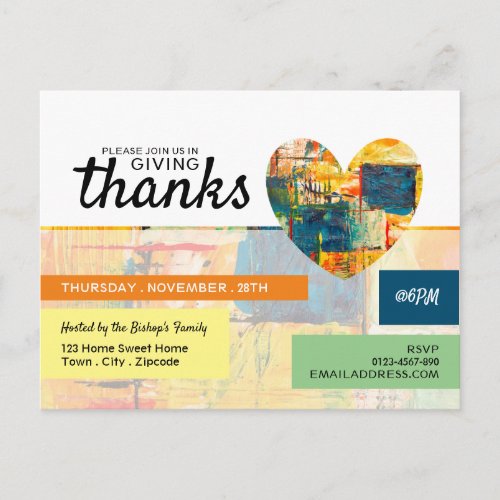 Painted Heart Thanksgiving Party Invitation Postcard