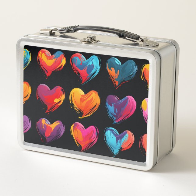 Painted hearts on a black background metal lunch box (Front)