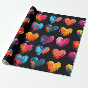 Painted hearts on a black background wrapping paper