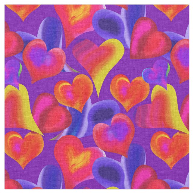 Painted Hearts on Purple | Valentine's Day Fabric (Close Up)