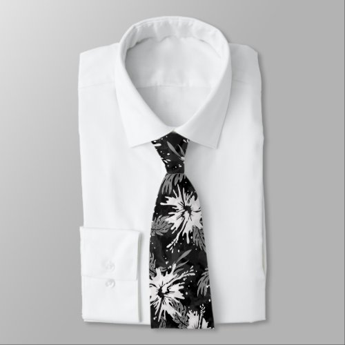 Painted Hibiscus Hawaiian Floral  Black and White Neck Tie