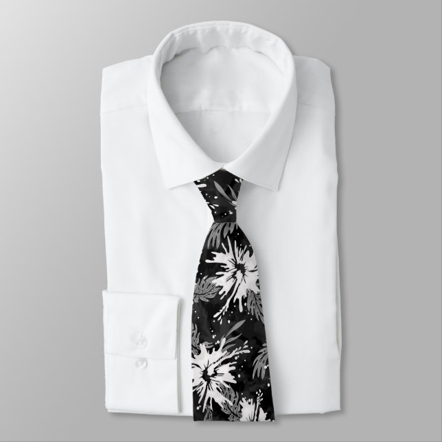 Painted Hibiscus Hawaiian Floral  Black and White Neck Tie (Tied)