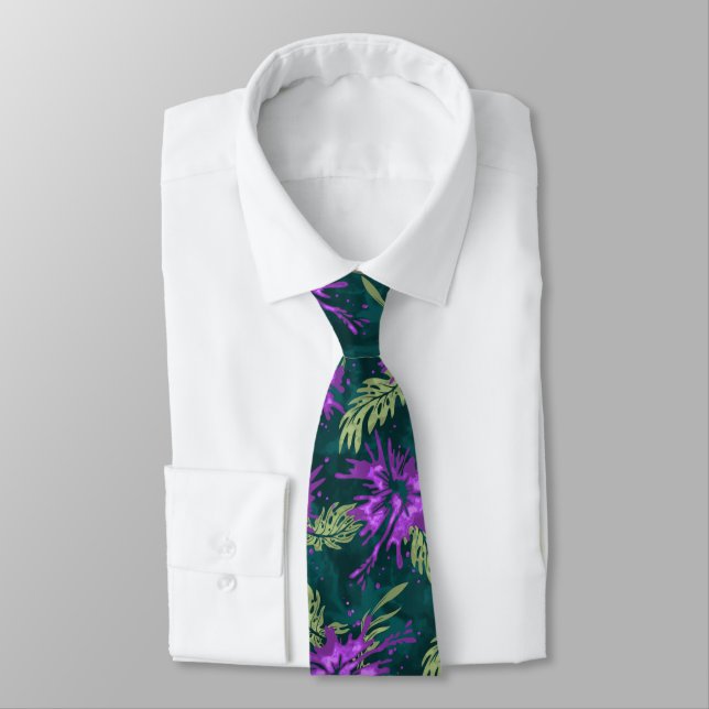 Painted Hibiscus Hawaiian Floral Two-sided Printed Neck Tie (Tied)