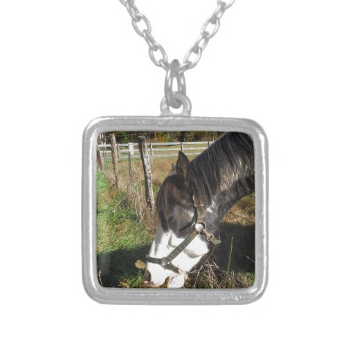 Painted Horse Eating Queen Ann Lace flower Silver Plated Necklace