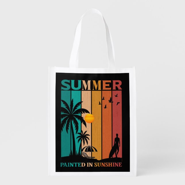 Painted in Sunshine Retro Summer Tee Grocery Bag (Front)