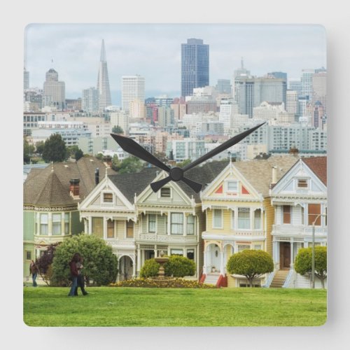 Painted Ladies Victorian houses and skyline Square Wall Clock