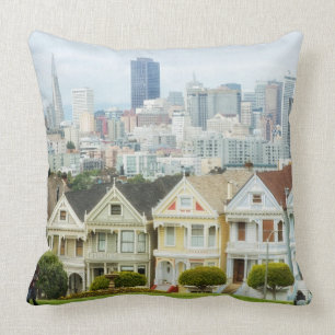 Painted Ladies, Victorian houses and skyline Throw Pillow