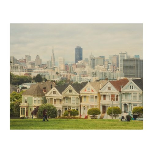 Painted Ladies Victorian houses and skyline Wood Wall Art