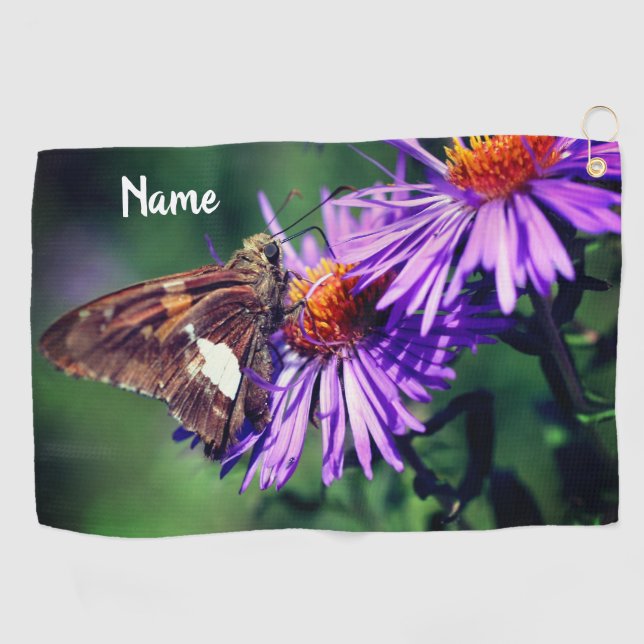 Painted Lady Butterfly Aster Flower Personalized Golf Towel (Horizontal)