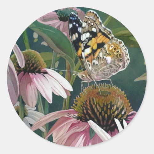Painted Lady Butterfly Coneflower Watercolor Art Classic Round Sticker