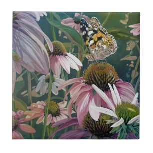 Painted Lady Butterfly Coneflowers Watercolor Art Ceramic Tile