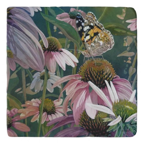 Painted Lady Butterfly Coneflowers Watercolor Art Trivet