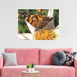 Painted Lady Butterfly On White Dahlia Canvas Print