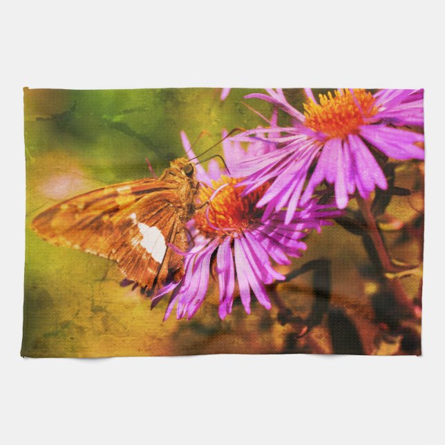 Painted Lady Butterfly Wild Aster Flower Abstract Kitchen Towel (Horizontal)