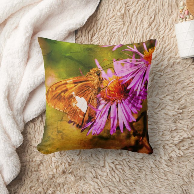Painted Lady Butterfly Wild Aster Flower Art Throw Pillow (Blanket)