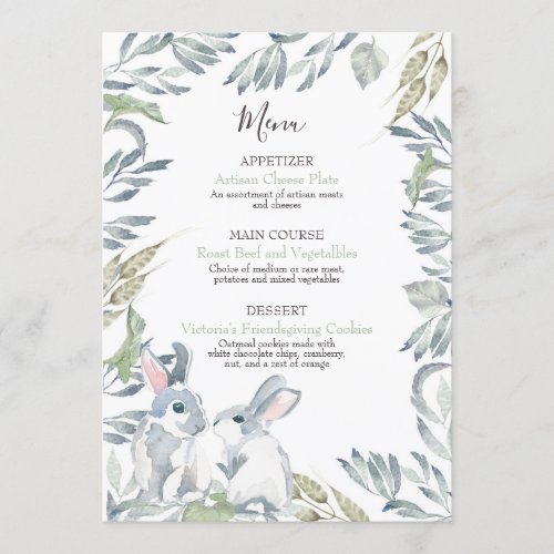 Painted Leaves and Watercolor Woodland Bunnies Menu