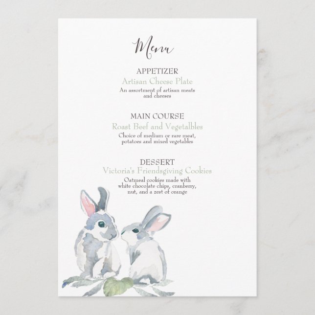 Painted Leaves and Watercolor Woodland Bunny Menu (Front)