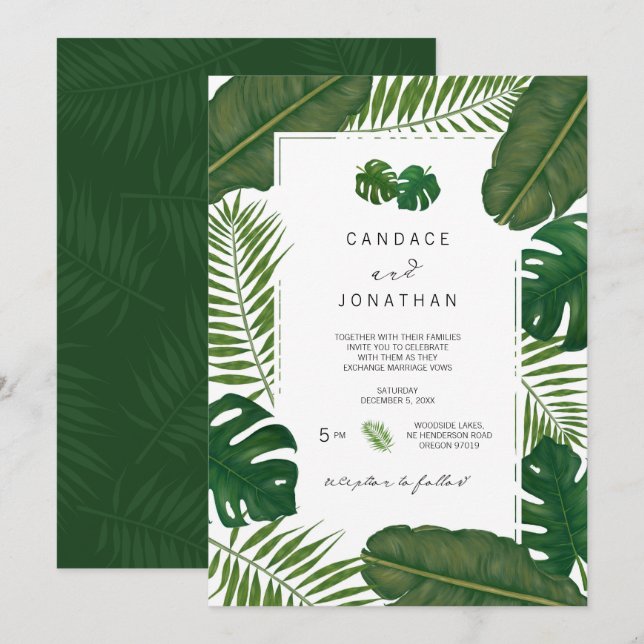 Painted Leaves Tropical Wedding Invitation (Front/Back)
