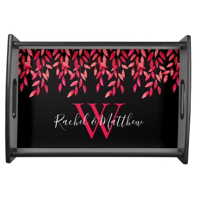 Painted Leaves Vines on Black Serving Tray (Front)
