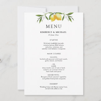 Painted lemons greenery foliage wedding menu invitation