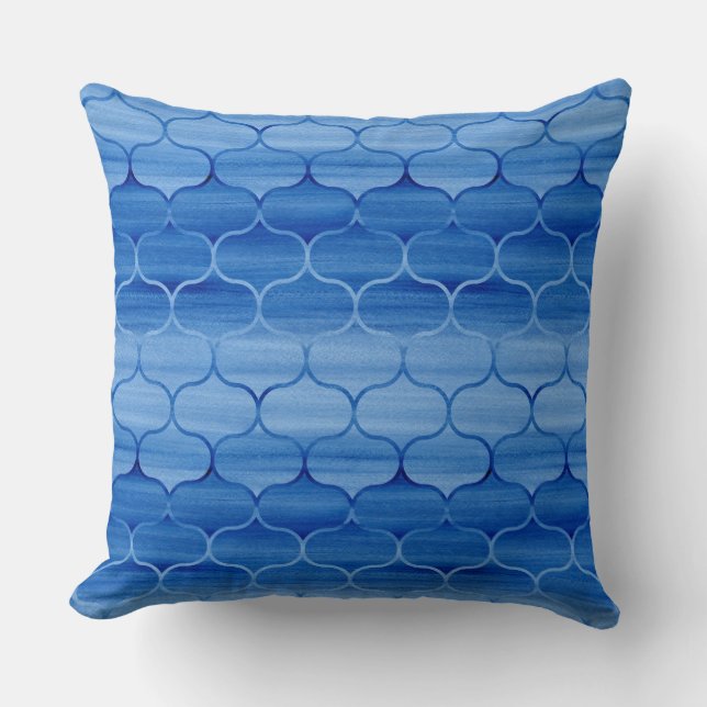 Painted Light and Dark Blue Ogee Pattern Throw Pillow (Front)