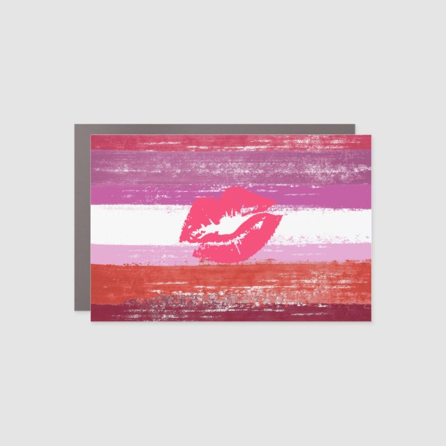 Painted Lipstick Lesbian Pride Flag and Lips Car Magnet (Front)