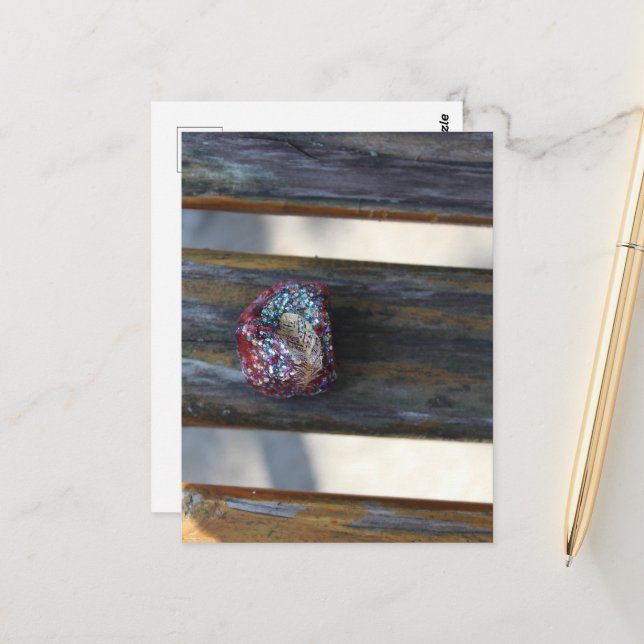Painted Little Heart Rock Hidden on a Bench Postcard (Front/Back In Situ)