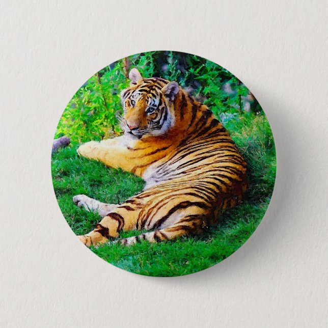 Painted Lounging Tiger Wildlife Pinback Button (Front)