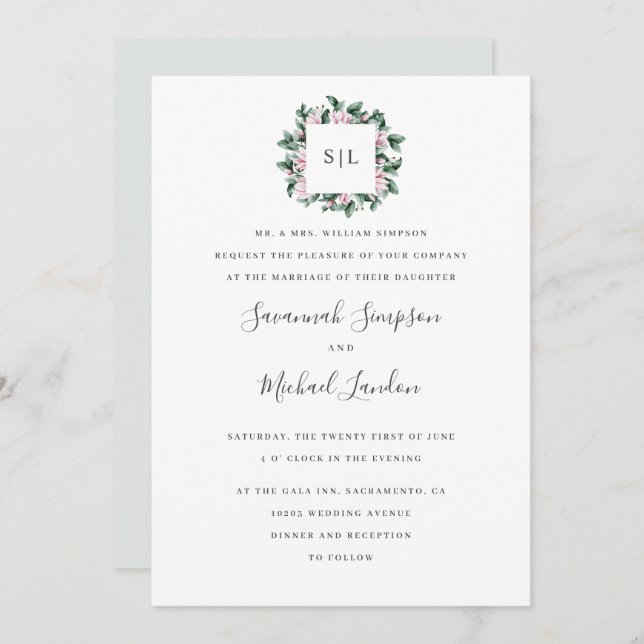 Painted Magnolia Eucalyptus gray monogram wedding Invitation (Front/Back)