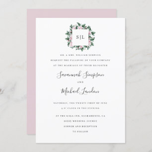 Painted Magnolia Eucalyptus pink monogram wedding Invitation