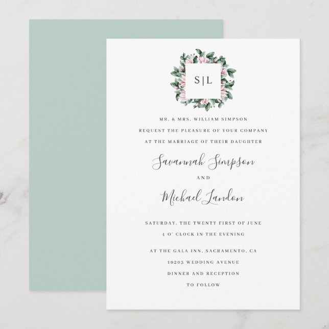 Painted Magnolia Eucalyptus sage monogram wedding Invitation (Front/Back)