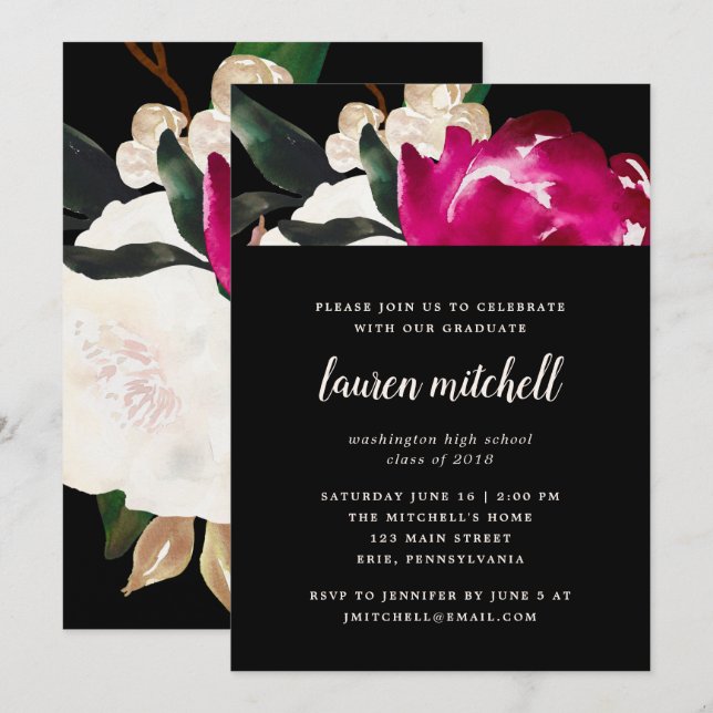 Painted Magnolia on Black | Grad Party Invitation (Front/Back)
