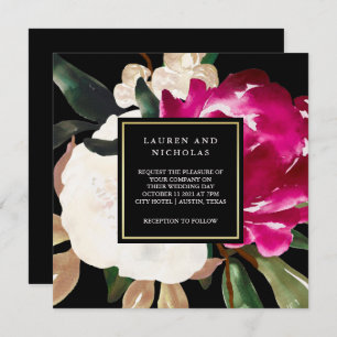 Painted Magnolia on Black Wedding Invitation