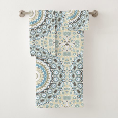 Painted Medallion Pattern in Blue and Beige Bath Towel Set