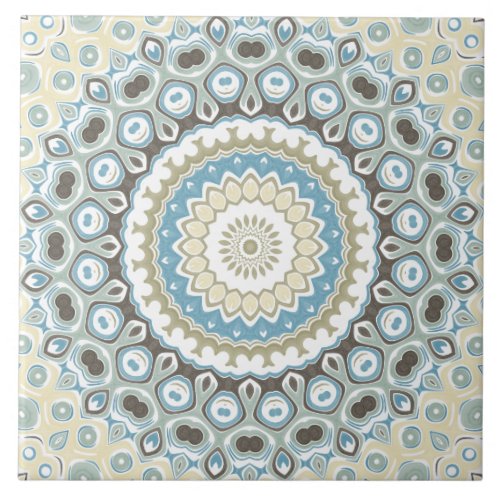 Painted Medallion Pattern in Blue and Beige Ceramic Tile