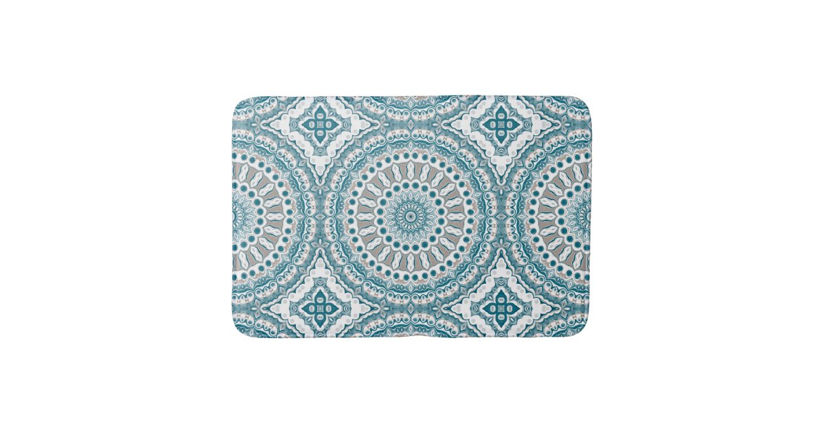 Painted Medallion Pattern in Blue and Gray Bath Mat Zazzle