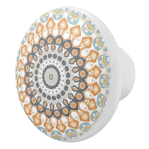 Painted Medallion Pattern in Orange and Gray Ceramic Knob