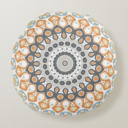 Painted Medallion Pattern in Orange and Gray Round Pillow