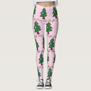 Painted Merry And Bright Christmas Trees On Pink Leggings