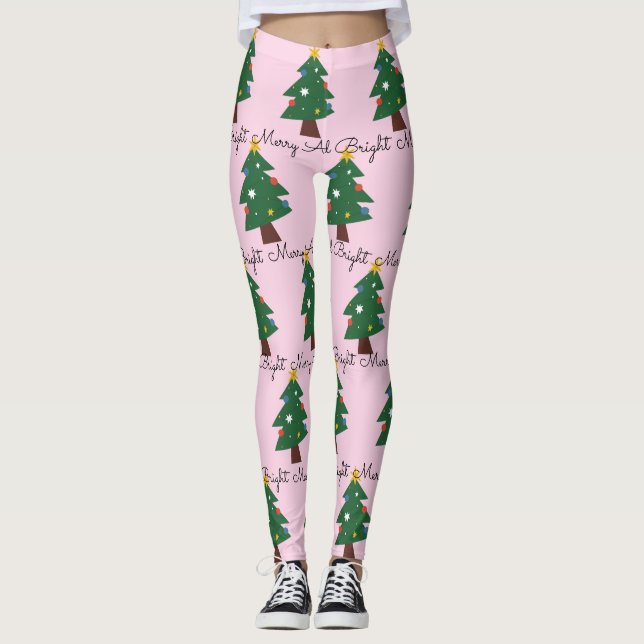 Painted Merry And Bright Christmas Trees On Pink Leggings (Front)