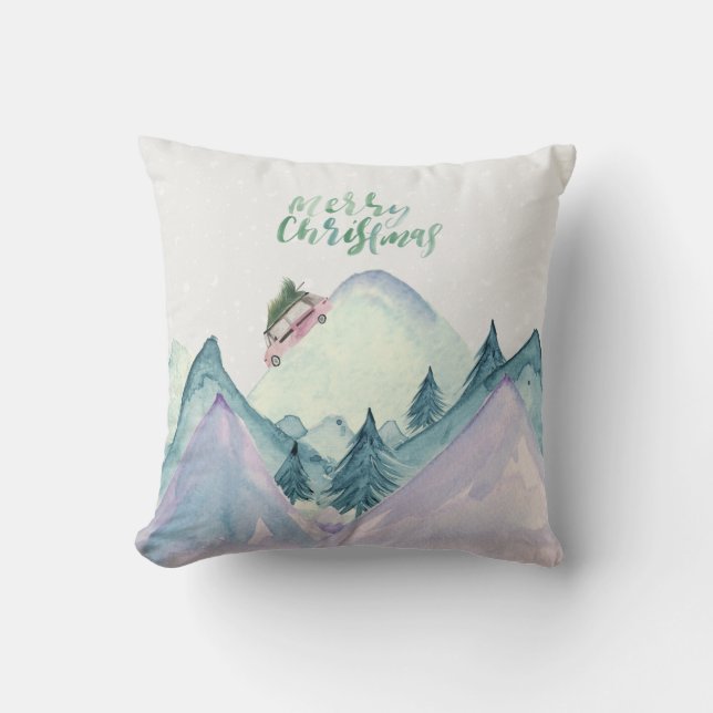 Painted MerryChristmas Mountain SceneThrow Pillow (Front)