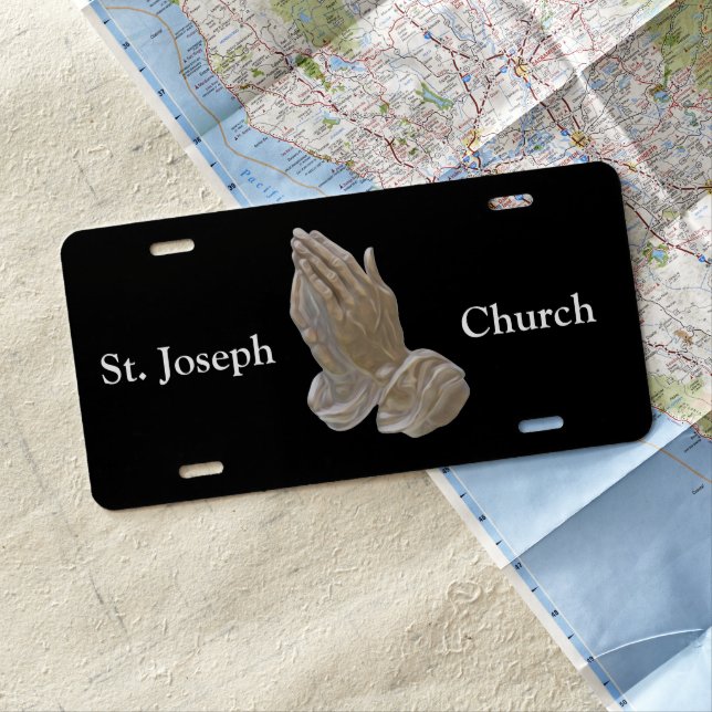 Painted Metal Looking Praying Hands Editable License Plate (In Situ)