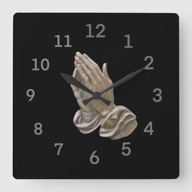 Painted Metal Looking Praying Hands Square Wall Clock (Front)