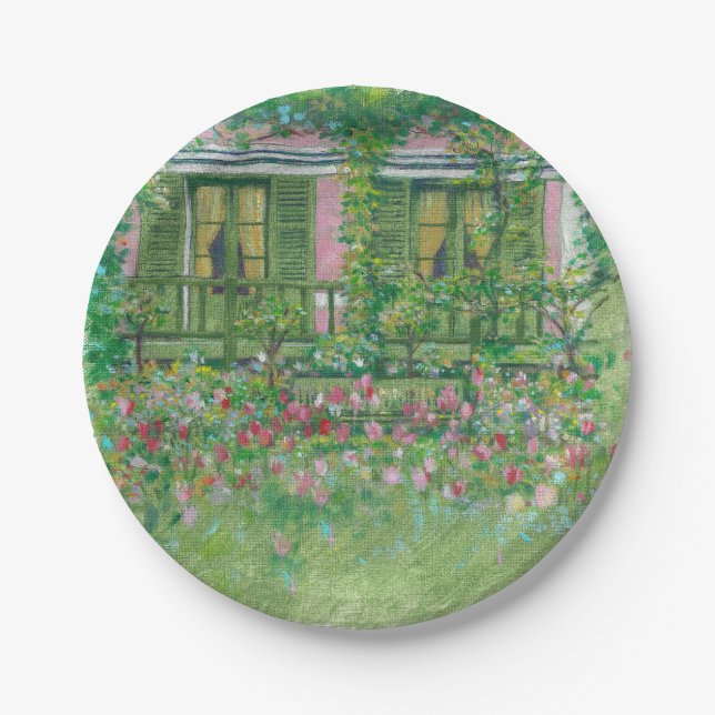 Painted Monet's Garden Pink and Green Paper Plates (Front)