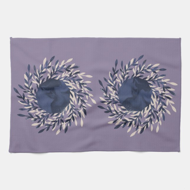 Painted moon laurel leaves swirl marble dish kitchen towel (Horizontal)